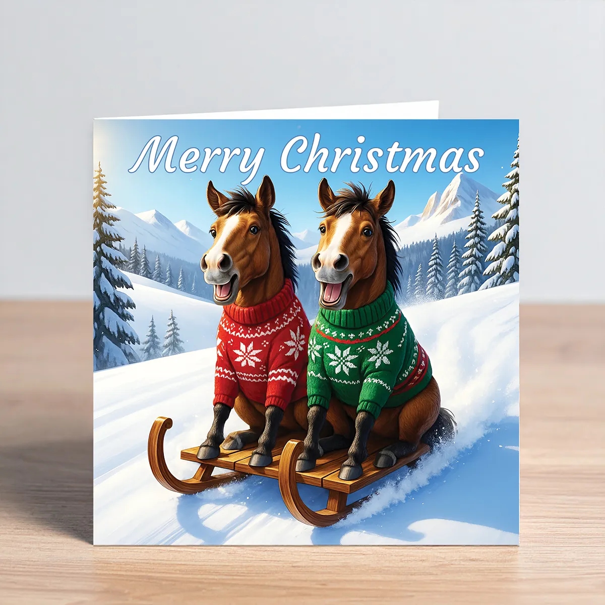 horses on sled christmas card