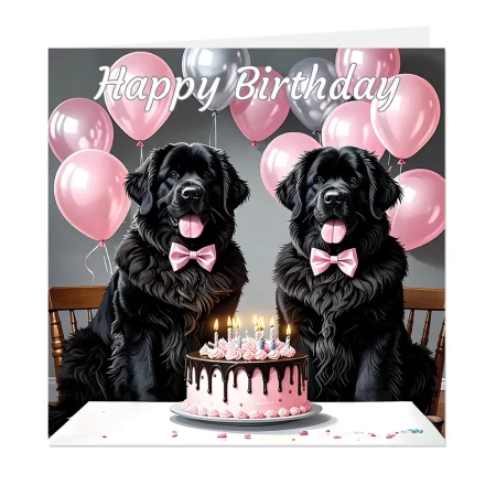 newfoundland dog birthday card featuring 2 newfoundland dogs with decorated birthday cake and party balloons