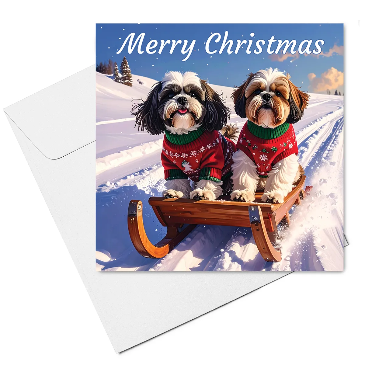 shih tzu christmas card on sled with Envelope