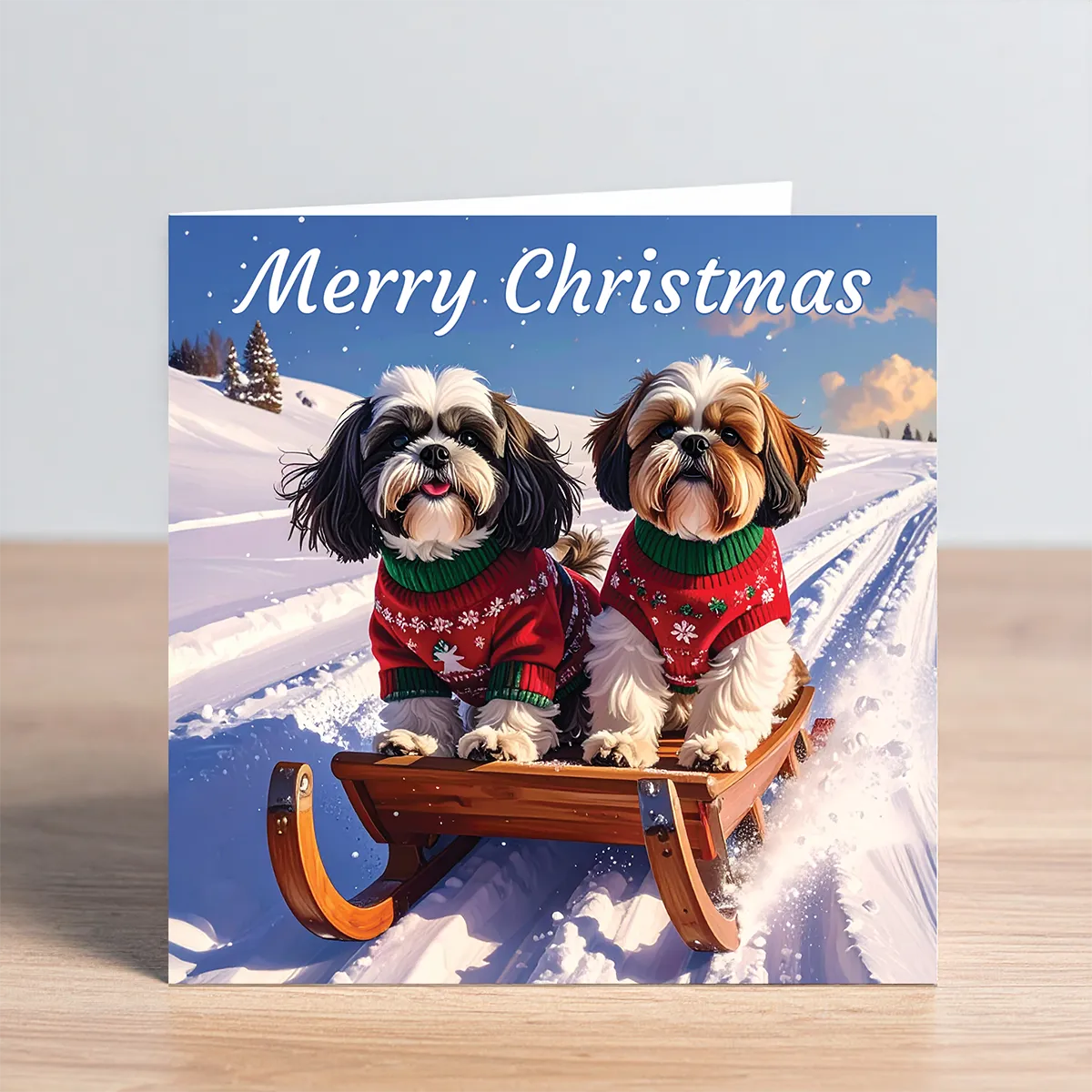 shih tzu christmas card on sled