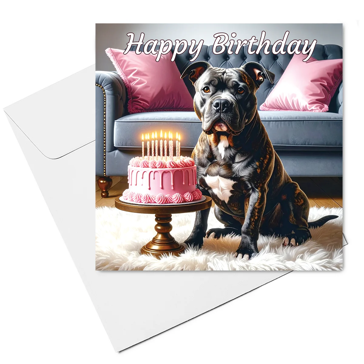 brindle staffordshire bull terrier birthday card & envelope