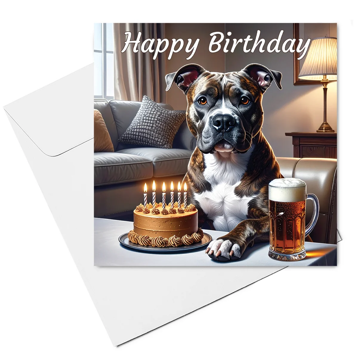 brindle staffordshire bull terrier birthday card & envelope