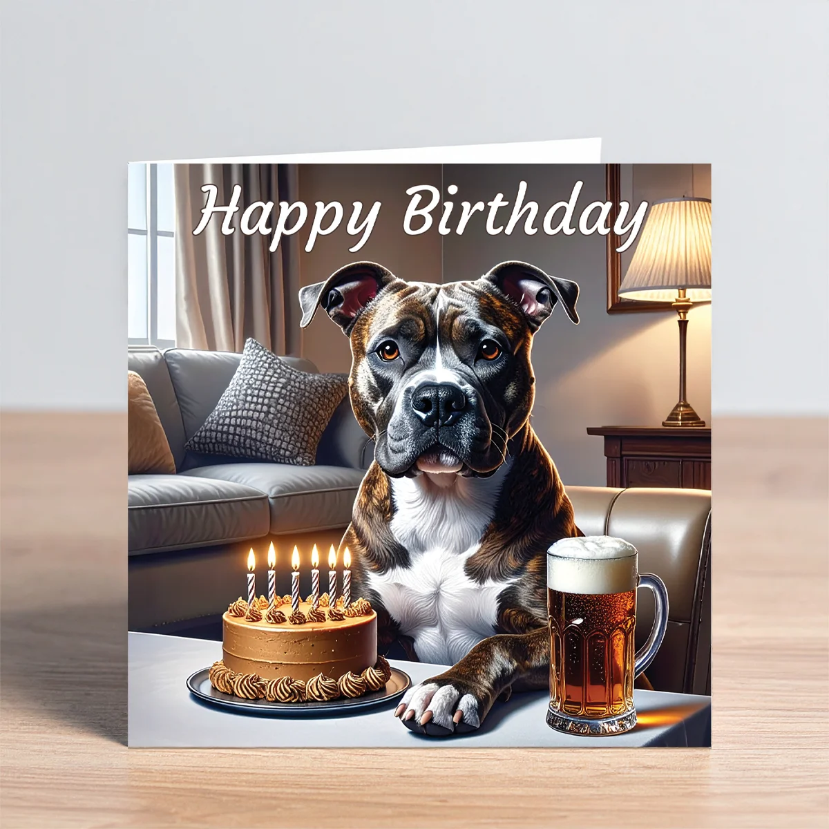 brindle staffordshire bull terrier birthday card