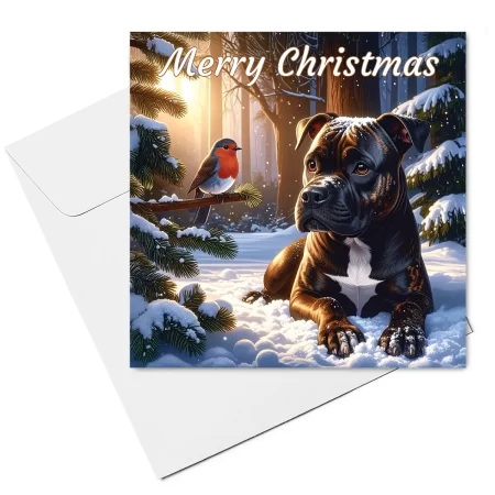 Brindle Staffordshire Bull Terrier & Robin Christmas Card