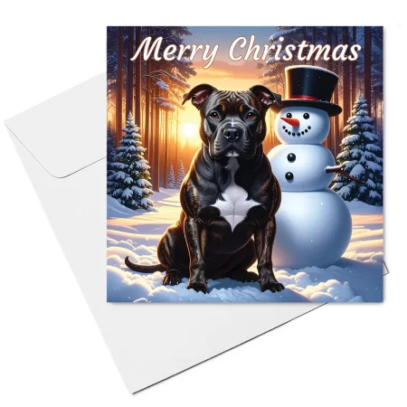 Brindle Staffordshire Bull Terrier & Snowman Christmas Card