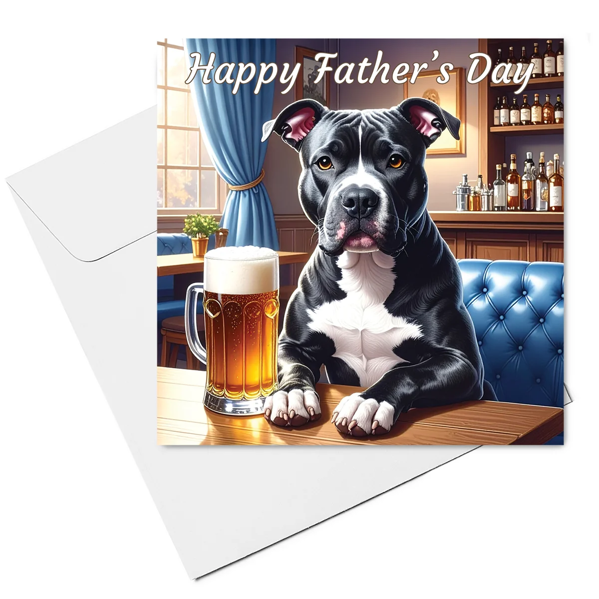 black staffordshire bull terrier fathers day card & envelope
