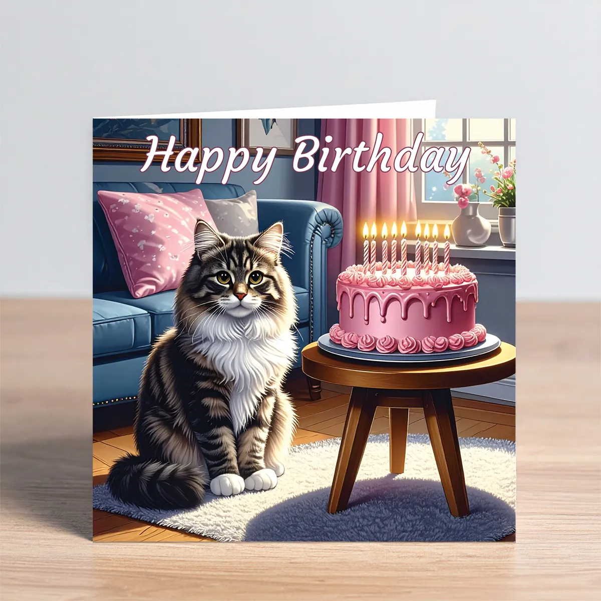 Cat Birthday Card - Long Hair Tabby Cat With Birthday Cake - Image 2