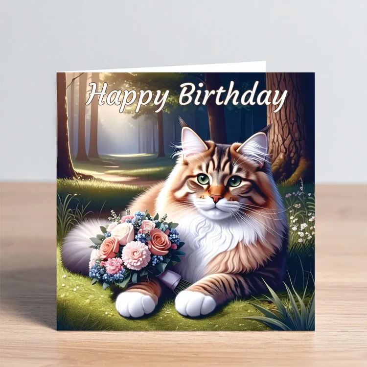 Cat Birthday Card - Long Hair Tabby Cat With Flower Bouquet
