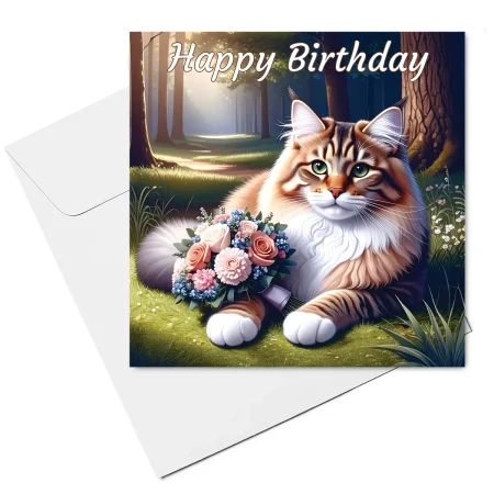 long hair tabby cat birthday card & envelope