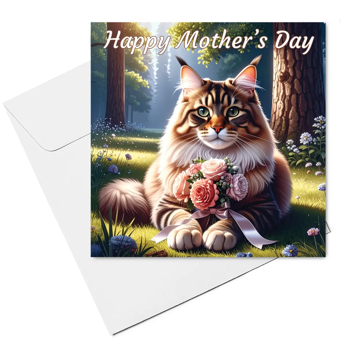 long hair tabby cat mothers day card & envelope