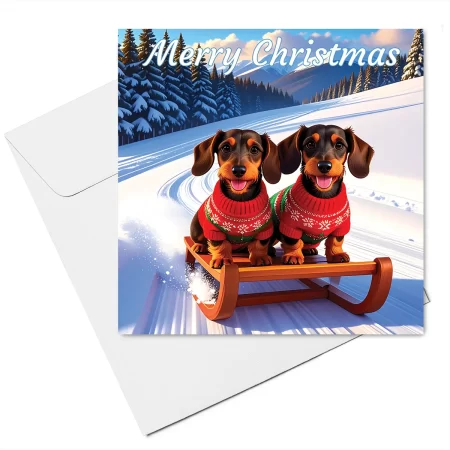 dachshund christmas card with envelope - wire hair dachshunds on sled