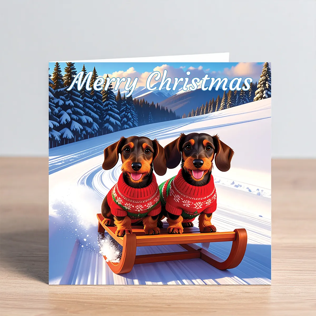 Dachshund Christmas Card - Wire Dachshunds on Sled
